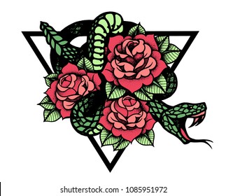 Tattoo with rose and snake. Traditional black dot style ink. Roses Isolated vector illustration. Traditional Tattoo Old School Tattooing Style Ink. Snake silhouette illustration. Black serpent.