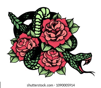 Tattoo with rose and snake. Traditional black dot style ink. Roses Isolated vector illustration. Traditional Tattoo Old School Tattooing Style Ink. Snake silhouette illustration. Black serpent.