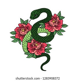 Tattoo with rose and snake. Traditional black dot style ink. Roses Isolated vector illustration. Traditional Tattoo Old School Tattooing Style Ink. Snake silhouette illustration. Black serpent.