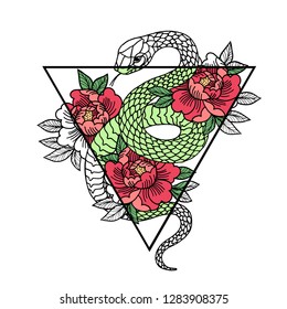 Tattoo with rose and snake. Traditional black dot style ink. Roses Isolated vector illustration. Traditional Tattoo Old School Tattooing Style Ink. Snake silhouette illustration. Black serpent.