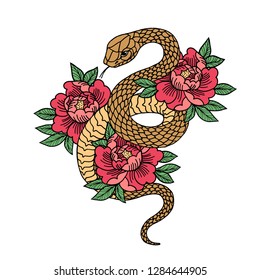 Tattoo with rose and snake. Traditional black dot style ink. Roses Isolated vector illustration. Traditional Tattoo Old School Tattooing Style Ink. Snake silhouette illustration. Black serpent.