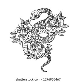 Tattoo with rose and snake. Traditional black dot style ink. Roses Isolated vector illustration. Traditional Tattoo Old School Tattooing Style Ink. Snake silhouette illustration. Black serpent.