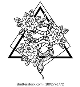 Tattoo with rose and snake. Traditional black dot style ink. Roses Isolated vector illustration. Traditional Tattoo Old School Tattooing Style Ink. Snake silhouette illustration. Black serpent.