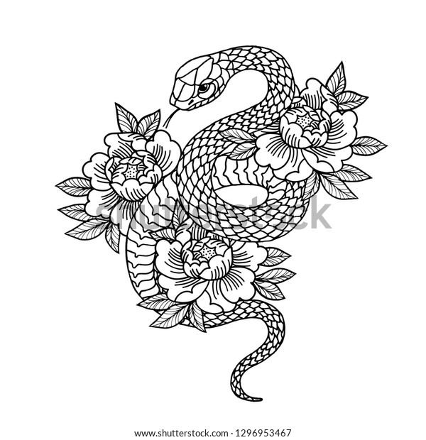 バラと蛇の入れ墨 従来の黒いドットスタイルのインク バラの分離型ベクターイラスト 古風な入れ墨 蛇のシルエットイラスト 黒蛇 のベクター画像素材 ロイヤリティフリー