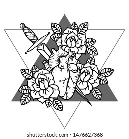 Tattoo roses and heart, sword and dagger. Traditional black dot style ink. Roses Isolated vector illustration. Traditional Tattoo Old School Tattooing Style Ink.