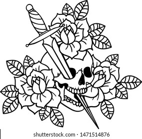 Tattoo with roses and skull, sword and dagger. Traditional black dot style ink. Roses Isolated vector illustration. Traditional Tattoo Old School Tattooing Style Ink.