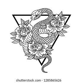 Tattoo with roses and snake with sacred geometry frame. Traditional black dot style ink. Roses Isolated vector illustration. Traditional Tattoo Old School Tattooing Style Ink. Snake silhouette