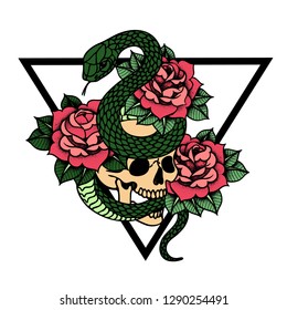 Tattoo with roses and snake, skull with sacred geometry frame. Traditional black dot style ink. Roses Isolated vector illustration. Traditional Tattoo Old School Tattooing Style Ink. Snake silhouette