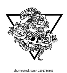 Tattoo with roses and snake, skull with sacred geometry frame. Traditional black dot style ink. Roses Isolated vector illustration. Traditional Tattoo Old School Tattooing Style Ink. Snake silhouette