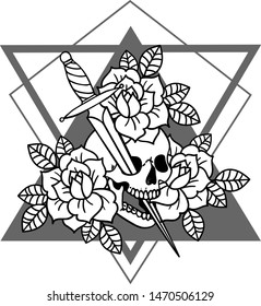 Tattoo with roses and snake, skull, sword and dagger with sacred geometry frame.Traditional black dot style ink. Roses Isolated vector illustration. Traditional Tattoo Old School Tattooing Style Ink.