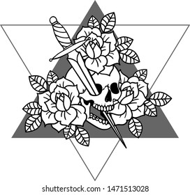 Tattoo with roses and snake, skull, sword and dagger with sacred geometry frame.Traditional black dot style ink. Roses Isolated vector illustration. Traditional Tattoo Old School Tattooing Style Ink.