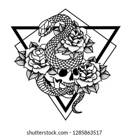 Tattoo with roses and snake, skull. Traditional black dot style ink. Roses Isolated vector illustration. Traditional Tattoo Old School Tattooing Style Ink. Snake silhouette illustration.