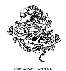 Tattoo with roses and snake, skull. Traditional black dot style ink. Roses Isolated vector illustration. Traditional Tattoo Old School Tattooing Style Ink. Snake silhouette illustration.