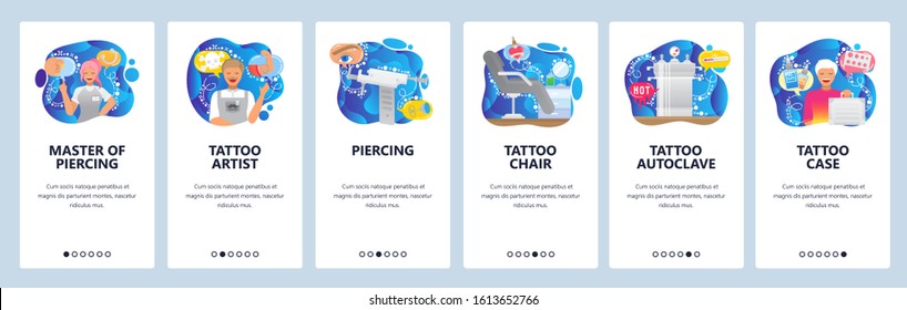 Tattoo salon accessories, piercing tools, tattoo artist, chair, autoclave. Mobile app onboarding screens. Menu vector banner template for website and mobile development. Web site design flat