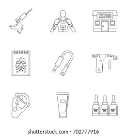 Tattoo salon accessory icon set. Outline set of 9 tattoo salon accessory vector icons for web isolated on white background