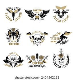 Tattoo salon. Art studio logotype set recent vector tattoo logo