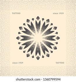 Tattoo salon card. Silhouette mandala. Engraving flower. Floral vector tattoo ornament. Monochrome logo. Vintage logotype.