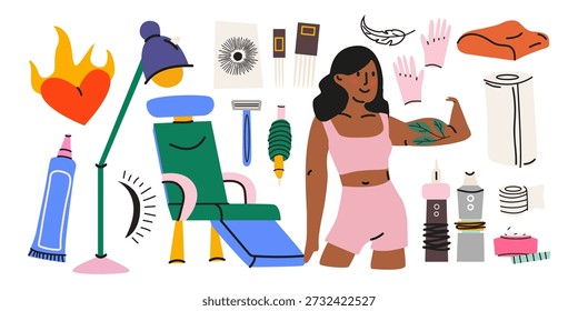 Tattoo salon cartoon elements. Professional tattoo studio tools and equipment. Tattoo machine, body ink, needles, razor, sterilizer, chair, girl character. Vector illustration isolated