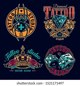 Tattoo salon colorful labels set with spooky cross spider dice crossed antique keys diamond ornate royal crown rose flowers in vintage style isolated vector illustration