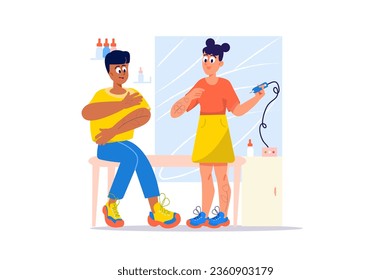 Tattoo salon concept with people scene in the flat cartoon design. The guy came to the tattoo parlor to make an interesting drawing on his arm. Vector illustration.