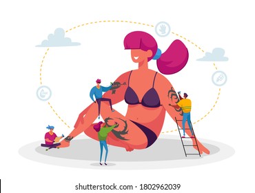 Tattoo Salon Concept. Tiny Master Characters With Professional Equipment Making Tattooing To Huge Woman With Tattooed Body. People Decorating Skin With Painting Adornment. Cartoon Vector Illustration