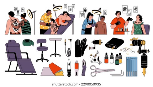 Tattoo salon elements. Professional tattoo and piercing studio equipment and tools, body ink, needles, machines and chairs, modern cartoon flat isolated characters. Tidy vector set