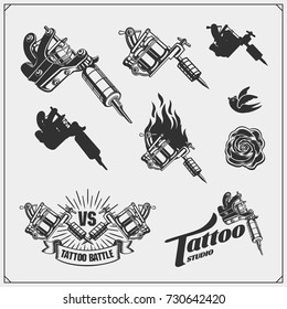 Tattoo salon emblems with professional equipment.