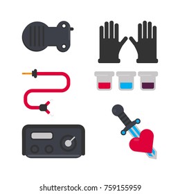 Tattoo salon equipment and tattooing tools vector flat icons set