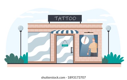 Tattoo Salon Exterior From Outdoors. City Building With Tattooed Model Man At Window. Flat Cartoon Vector Illustration