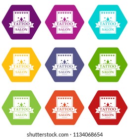 Tattoo salon icons 9 set coloful isolated on white for web