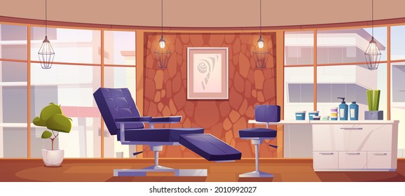 Tattoo salon interior with chairs and cosmetics