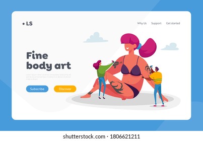 Tattoo Salon Landing Page Template. Tiny Master Characters With Professional Equipment Make Tattooing To Huge Woman With Tattooed Body. People Decorate Skin With Painting. Cartoon Vector Illustration