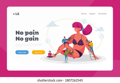 Tattoo Salon Landing Page Template. Tiny Master Characters With Professional Equipment Making Tattooing To Huge Woman With Tattooed Body. People Decorating Skin With Paint. Cartoon Vector Illustration