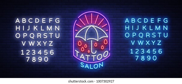 Tattoo salon logo in a neon style. Neon sign, emblem, umbrella symbol, light billboards, neon bright advertising on tattoo theme, for tattoo salon, studio. Vector illustration. Editing text neon sign