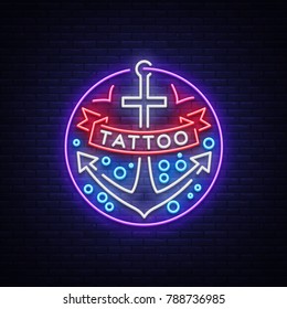 Tattoo salon logo in a neon style. Neon sign, emblem, anchor symbol with a ribbon, luminous billboard, neon advertising on a tattoo theme, for tattoo salon, studio. Vector illustration