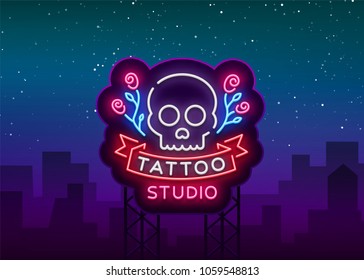 Tattoo salon logo vector. Neon sign, a symbol of a skull with roses, a bright luminous billboard, a night banner, neon bright advertising on a theme of a tattoo, for a tattoo of a salon, a studio