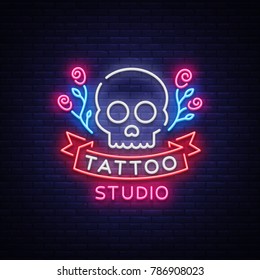 Tattoo salon logo vector. Neon sign, a symbol of a skull with roses, a bright luminous billboard, a night banner, neon bright advertising on a theme of a tattoo, for a tattoo of a salon, a studio