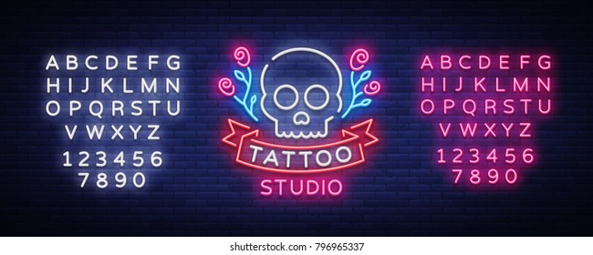 Tattoo salon logo vector. Neon sign, symbol of a skull with roses, bright luminous billboard, neon bright advertising on a theme of tattoo, for tattoo of salon, studio. Editing text neon sign