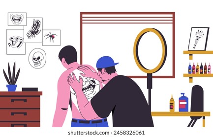 Tattoo salon. Modern studio interior with professional devices and tattooist at work. Vector of tattoo tool, tattooing studio salon, professional equipment ink illustration