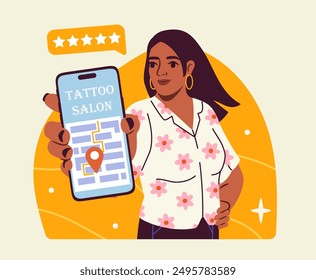 Tattoo salon at phone. Woman showing smartphone with city map. Direction and navigation, gps application. Advertising and marketing. Flat vector illustration isolated on beige background
