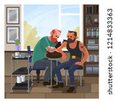 Tattoo salon with two men vector illustration. Cartoon flat clipart of professional tattoo artist working