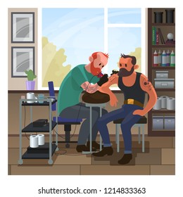 Tattoo salon with two men vector illustration. Cartoon flat clipart of professional tattoo artist working