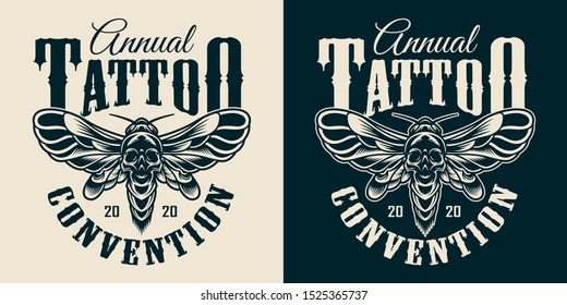 Tattoo salon vintage monochrome print with spooky death head moth with skull silhouette on abdomen isolated vector illustration