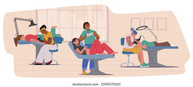 Tattoo salon workplace interior cartoon scene with clients getting professional service from skilled artists. Creative stable ink permanent and unstable drawing prints body adornment creation process