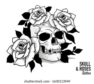 Tattoo Scull & Roses Design Blackwork tattoo flash. Highly detailed vector illustration isolated on white. Tattoo design. New school dotwork, lineart. Print, posters, t-shirts and textile
