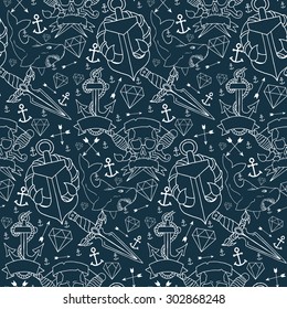 Tattoo seamless pattern with different hand drawn elements. Old school