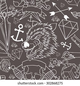 Tattoo seamless pattern with different hand drawn elements. Old school