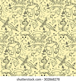Tattoo seamless pattern with different hand drawn elements. Old school