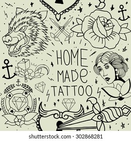 Tattoo seamless pattern with different hand drawn elements. Old school