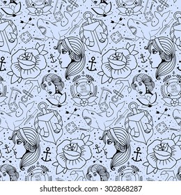 Tattoo seamless pattern with different hand drawn elements. Old school